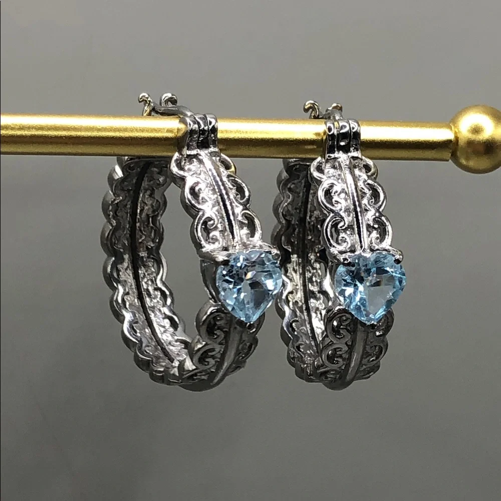 EverTrue Sky Blue Topaz Heart Hoop Earrings Stainless Steel Statement Style NEW